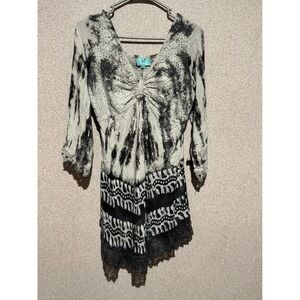 South Main Tie Dye Lace Trimmed V Neck Dolman Sleeve Tunic Top L XL